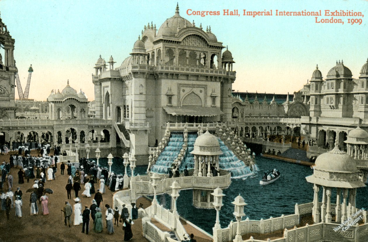 कांग्रेस हॉल, इंपीरियल अंतर्राष्ट्रीय प्रदर्शनी, लंदन, 1909। द्वारा वेलेंटाइन एंड संस लिमिटेड