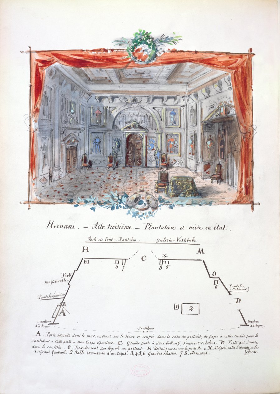 विक्टर ह्यूगो (1802-85), 1879 (स्याही और गौचे) द्वारा हर्नानी के 1877 उत्पादन के लिए डिजाइन और चरण निर्देश निर्धारित द्वारा वेलने पेरे एट फिल्म्स
