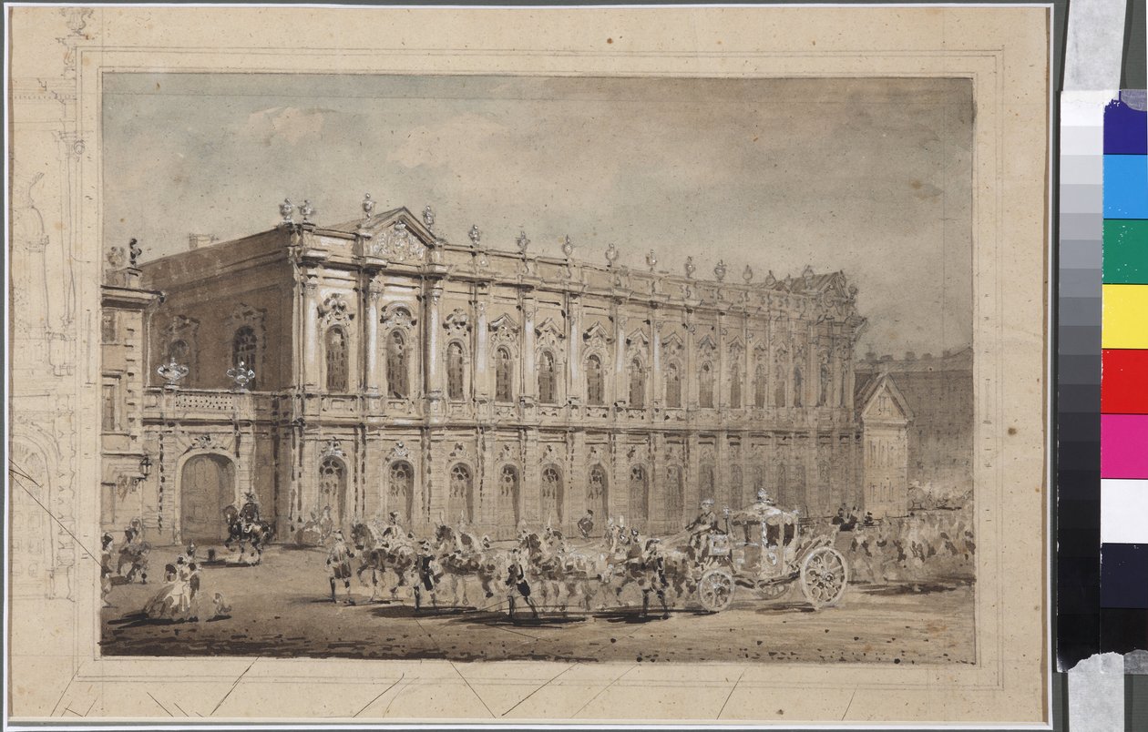 सदोवनिकोव, वासिली शिमोनोविच (1800-1879) द्वारा सेंट पीटर्सबर्ग में द म्यूज़ियम ऑफ़ कोर्ट कैरिज (द स्टोबल म्यूज़ियम)। कागज पर जल रंग द्वारा वासिली सेमेनोविच सदोवनिकोव