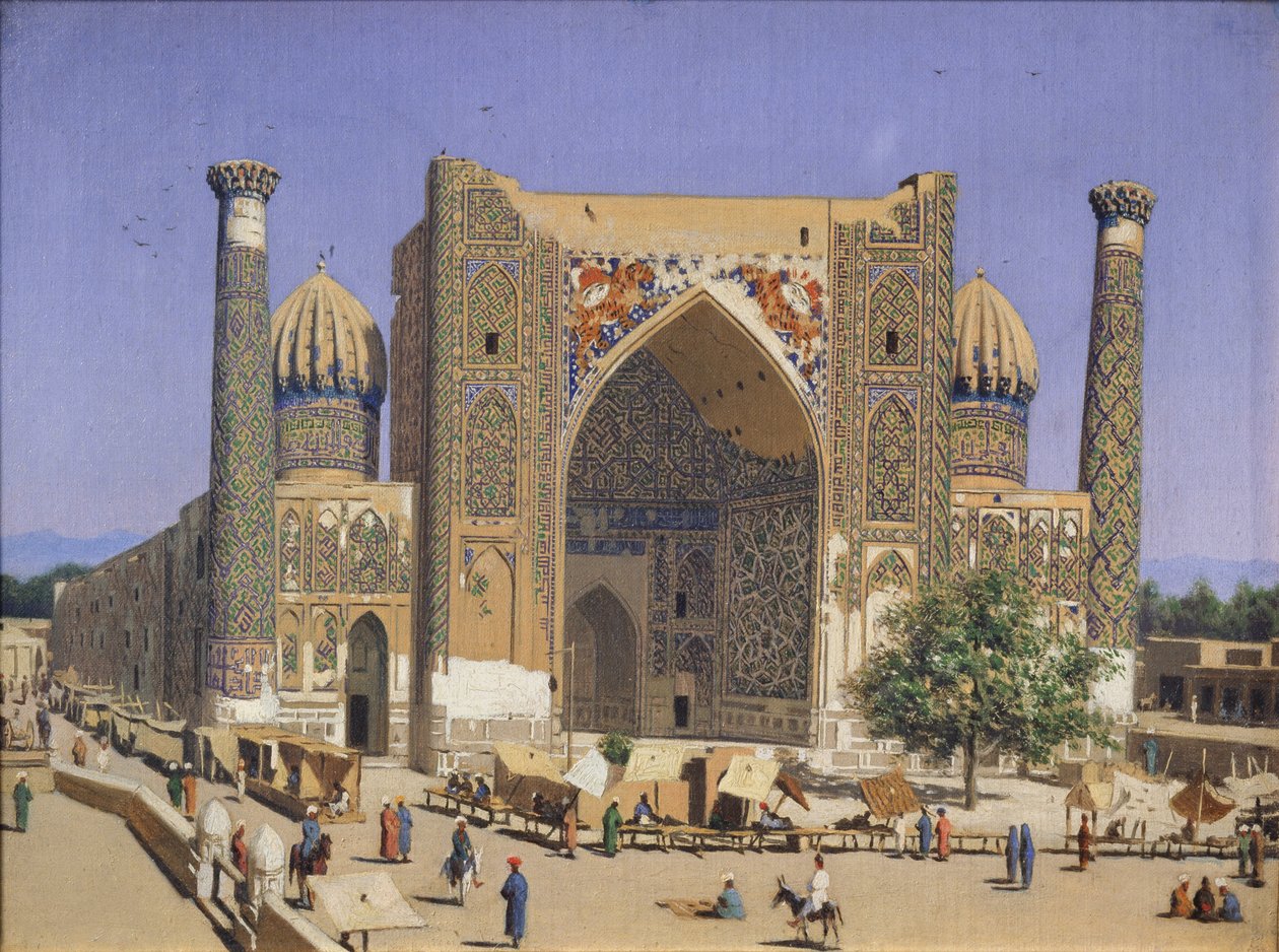 1869-1870 में समरकंद के रेगिस्तानी स्क्वायर में शेरदार मदरसा द्वारा वासिलि वासिलिविच वीरश्चैगिन