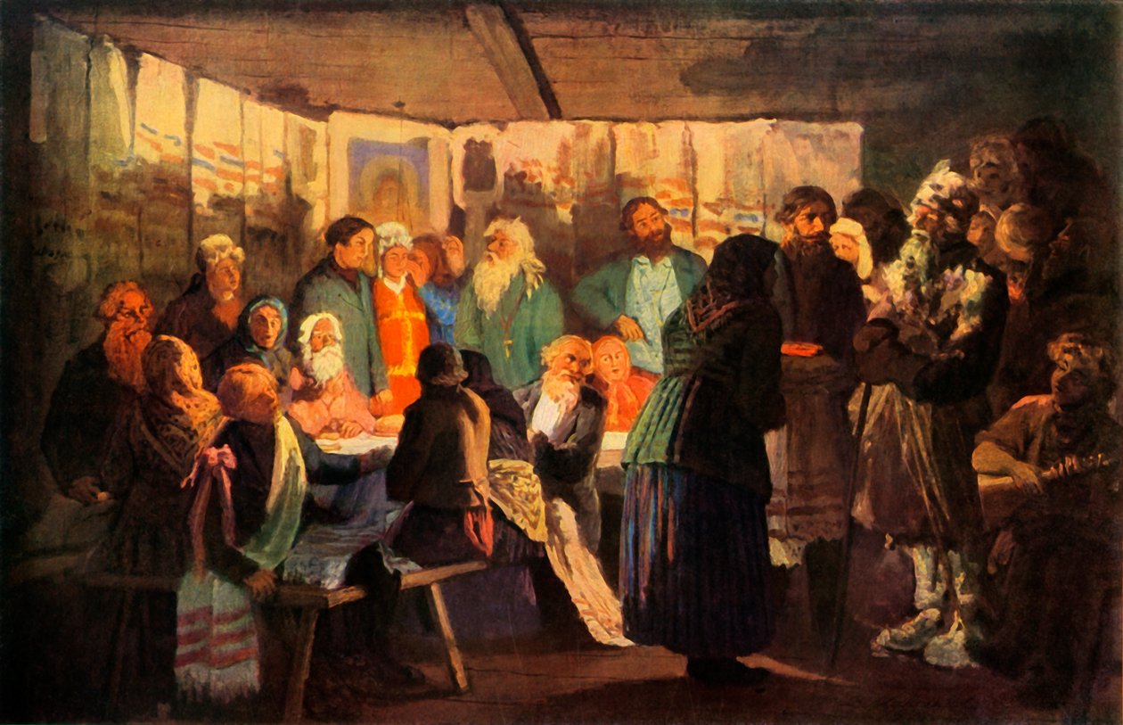 द मैजिशियन अराइव्स एट द विलेज वेडिंग, 1874, 1965। द्वारा वसीली मक्सिमोव
