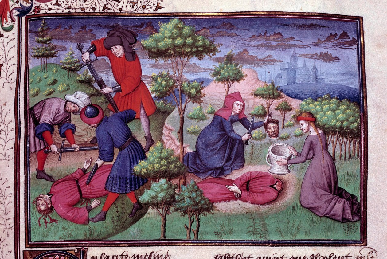 दो लोगों की हत्या का दृश्य जिनके हत्यारों ने अपना सिर काट दिया। Giovanni Boccaccio dit Jean Boccace (1313-1375), इतालवी लेखक द्वारा "डेकैमरोन" की एक पांडुलिपि का पृष्ठ, मास्टर ऑफ मैनसेल द्वारा प्रकाशित। 1450. पेरिस, शस्त्रागार पुस्तकालय द्वारा विसेंट डे परेडेस