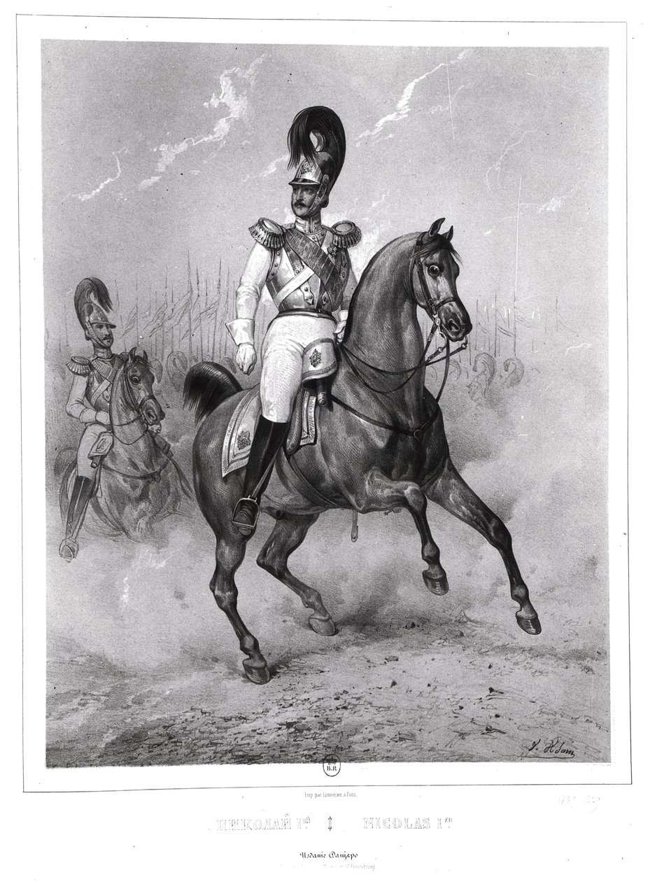 उनकी सेना के साथ घोड़े पर निकोलस I पावलोविच (1796-1855) का पोर्ट्रेट द्वारा विक्टर एडम