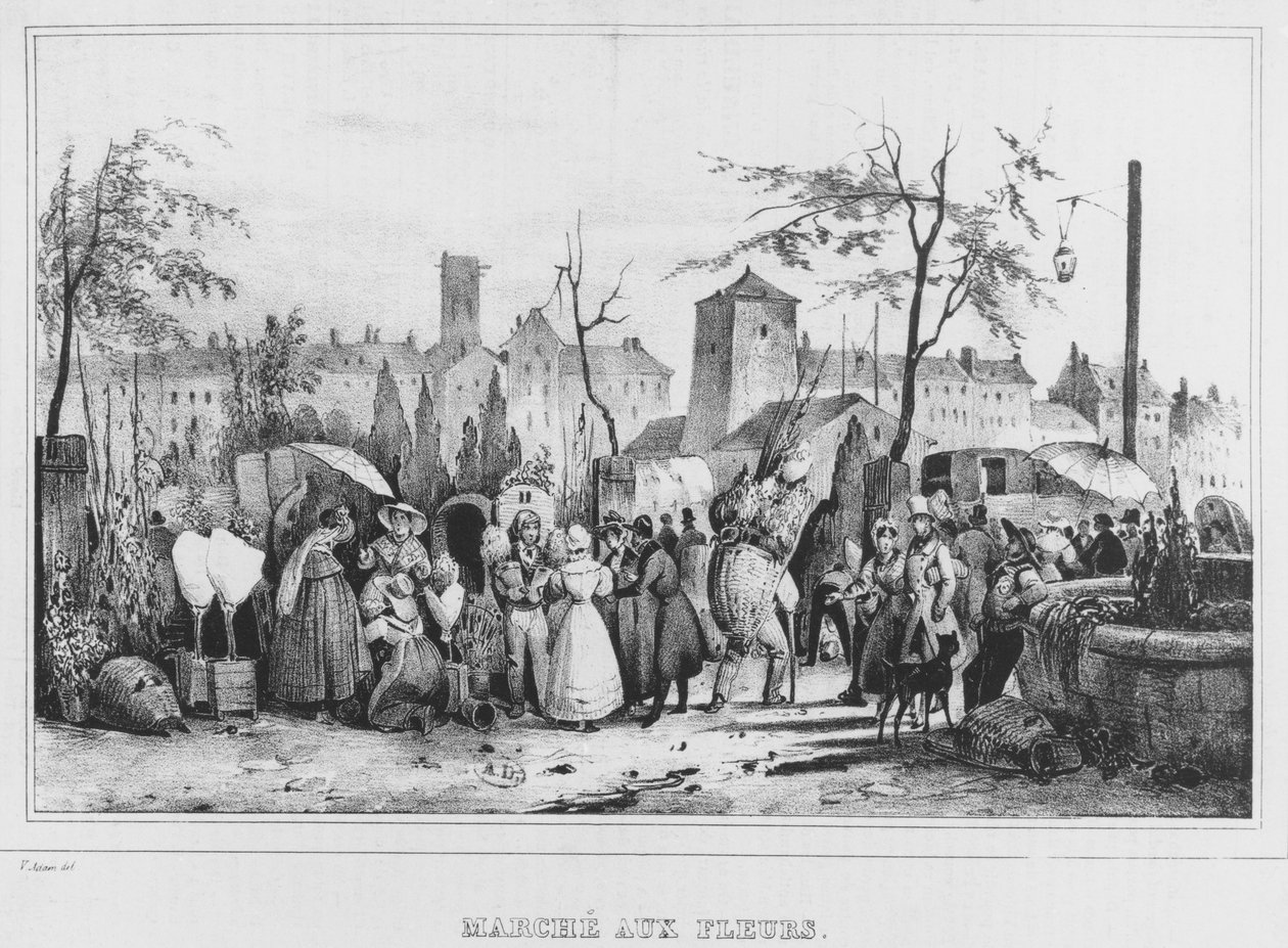 पेरिस में द फ्लावर मार्केट, 1834 द्वारा विक्टर एडम