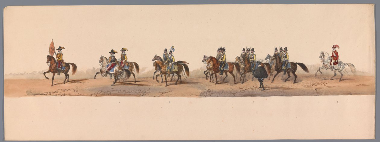 यूट्रेक्ट विश्वविद्यालय की दूसरी शताब्दी पर ऐतिहासिक जुलूस, 1836 (प्लेट 2) डच सेना का ओस्टेंड तक जुलूस, 3 जुलाई 1600, निउवपोर्ट में जीत के अगले दिन; एचएच स्टूडेंट द्वारा दिए गए वेशभूषा चित्रण के अनुसार द्वारा विक्टर एडम