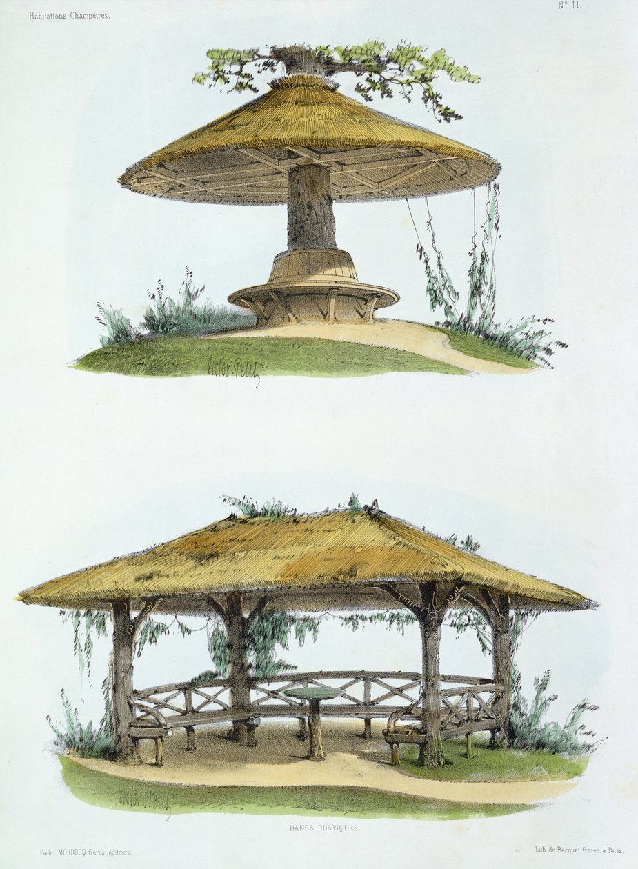 ग्राम्य बेंच, &39;हैबिटेशन चम्पेटर्स&39; से, प्रकाशित c.1855 (क्रोमोलिथोग्राफ) द्वारा विक्टर जीन बैप्टिस्ट पेटिट