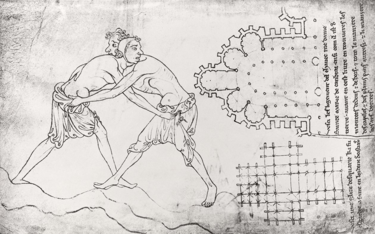 Ms.Fr.19093 fol.14v दो पहलवान, एक सिस्टरियन चर्च की योजना और नॉट्रे-डेम डे कंबराई (फैसीमाइल कॉपी) के चयन की योजना द्वारा विलार्ड डी होन्नेकोर्ट