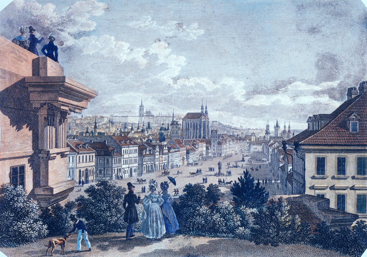 विंडसलास स्क्वायर, प्राग में घोड़ा बाजार, 1835 (रंगीन स्टील उत्कीर्णन) द्वारा विन्सेंक और गीस्लर, एफ। मोरस्टेड