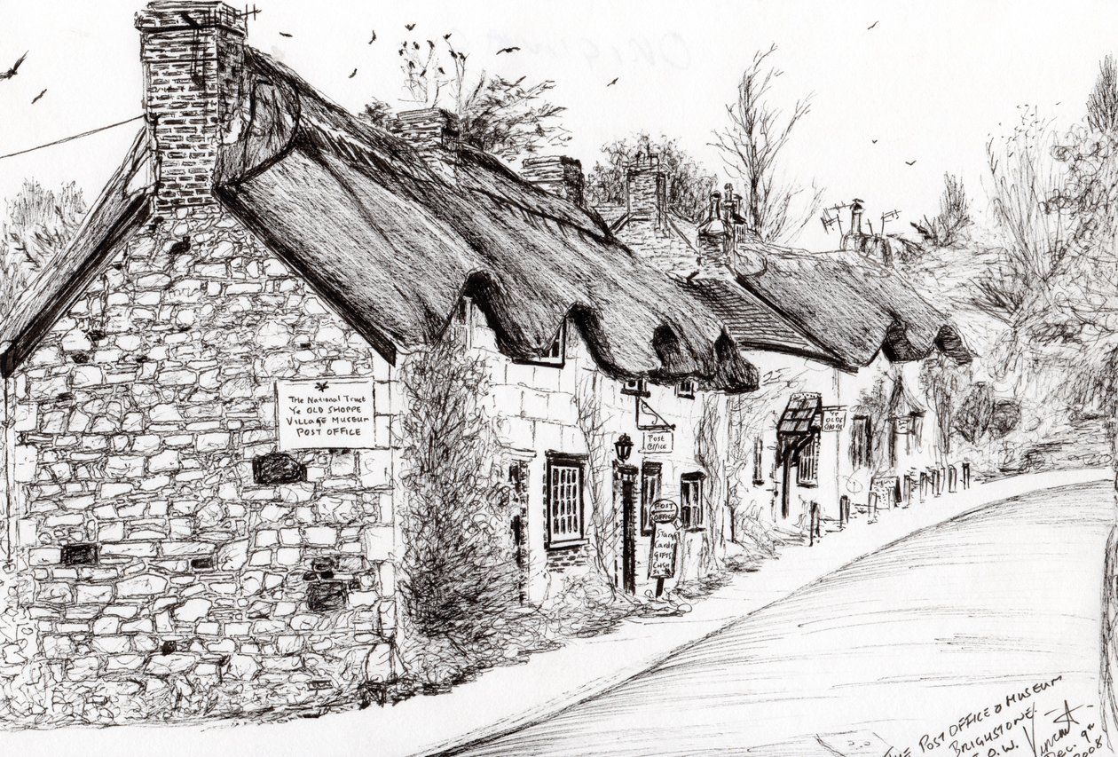 डाकघर और संग्रहालय Brighstone IOW, 2008, (कागज पर स्याही) द्वारा विंसेंट अलेक्जेंडर बूथ