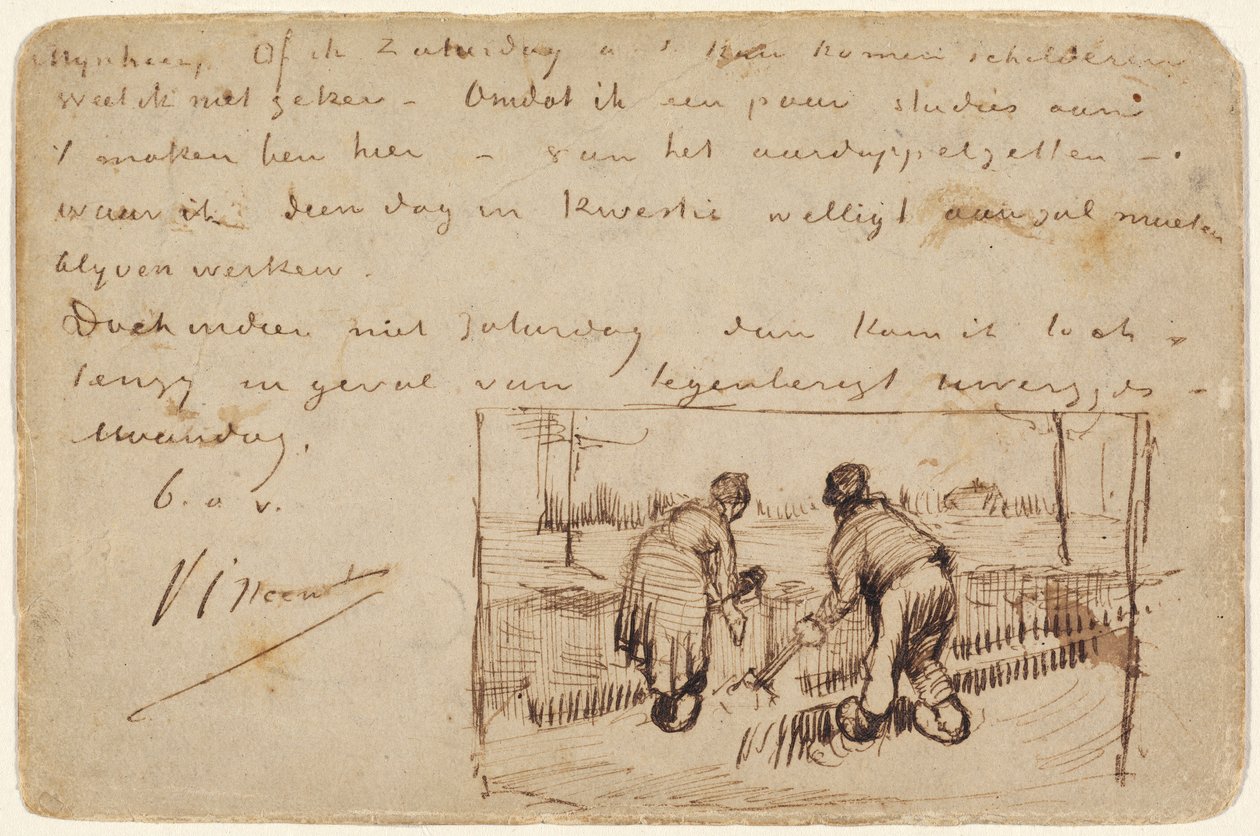 पोस्टकार्ड दो किसानों के साथ खुदाई, 1885 (एक पोस्टकार्ड पर कलम और भूरी स्याही) द्वारा विन्सेंट वैन गॉग