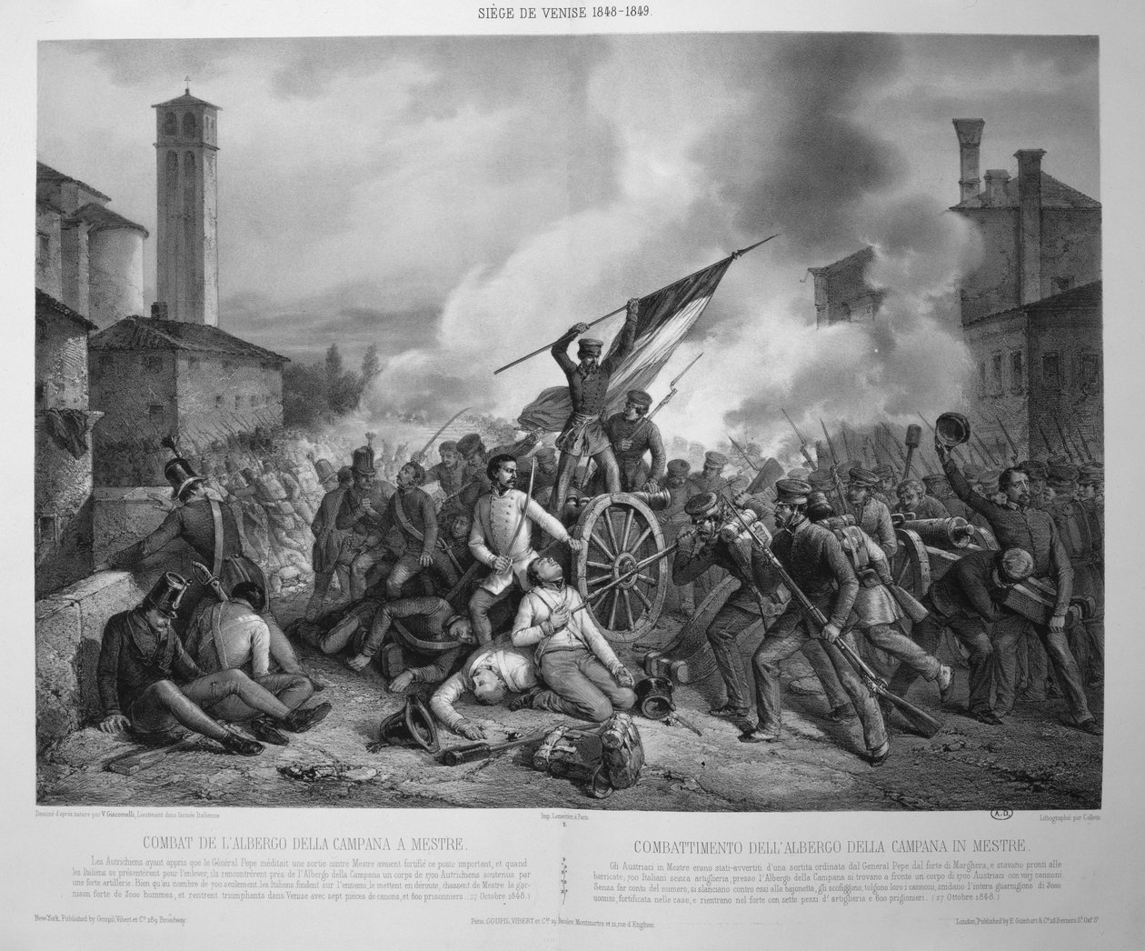 1848-9 में वेनिस की घेराबंदी के दौरान 27 अक्टूबर 1848 को मेस्त्रे में अल्बर्टो डेला कैम्पाना की लड़ाई (लिथो) द्वारा विन्सेन्ज़ो (बाद में) जियाकोमेली