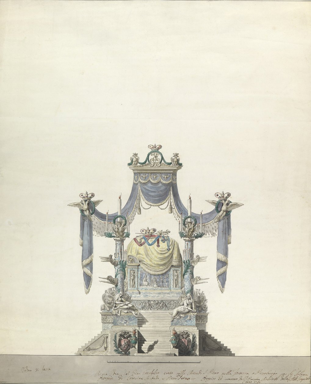 महारानी कैथरीन द ग्रेट ऑफ़ रशिया फ्रंट एलिवेशन के लिए कैटाफ़ल्क, 1796। द्वारा विन्सेन्ज़ो ब्रेनना