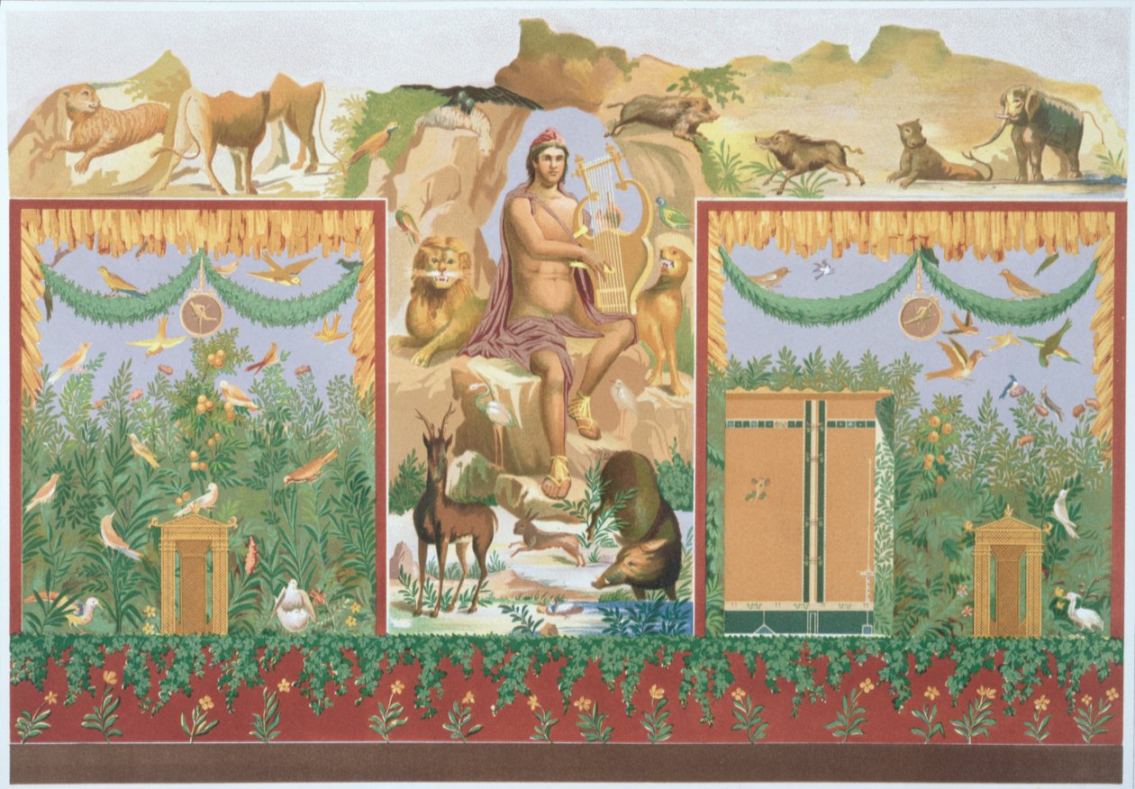 Orpheus Taming the Animals, पोम्पेई से एक भित्तिचित्र का पुनर्निर्माण द्वारा विन्सेन्ज़ो लोरिया
