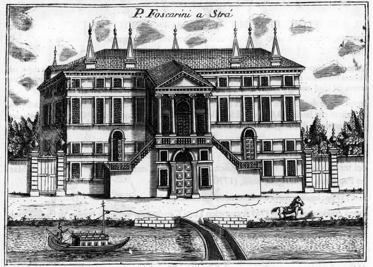 वेनिस के पास स्ट्रा में महल (पलाज़ो) फ़ोस्कारिनी। विन्सेन्ज़ो कोरोनेली (1650-1718) द्वारा "" सिंगुलैरिटी ऑफ़ वेनिस "" में। द्वारा विन्सेन्ज़ो मारिया कोरोनेली