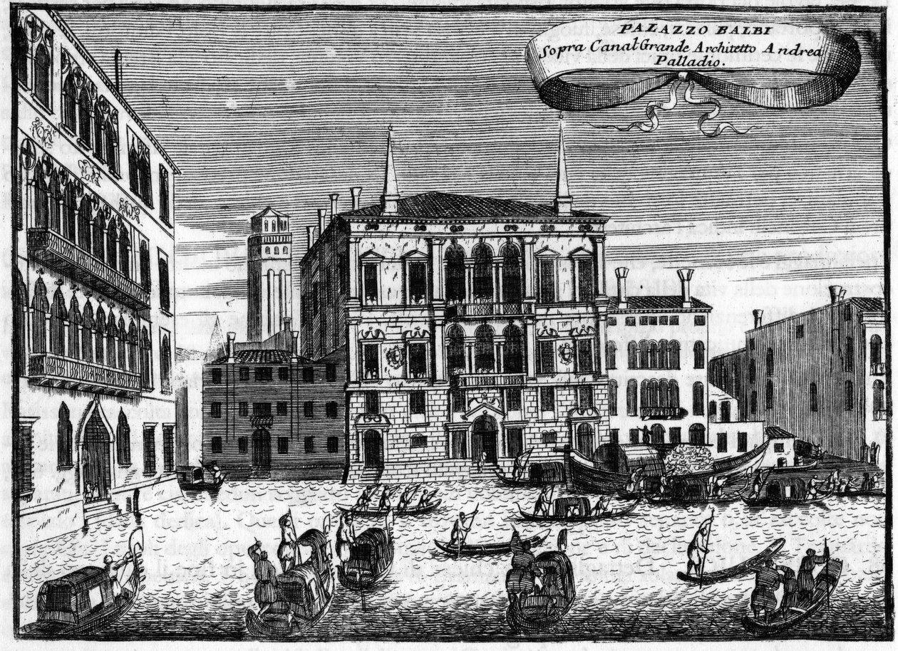 वेनिस इटली: विन्सेन्ज़ो कोरोनेली (1650-1718) द्वारा "" सिंगुलैरिटी ऑफ़ वेनिस "" में आर्किटेक्ट एंड्रिया पल्लाडियो द्वारा पलाज्जो बाल्बी है। द्वारा विन्सेन्ज़ो मारिया कोरोनेली