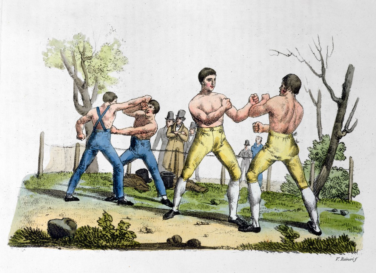 इंग्लैंड में बॉक्सिंग, मिलान 1819 में प्रकाशित Giulio Ferrario द्वारा &39;प्राचीन और आधुनिक पोशाक&39; का चित्रण द्वारा विटोरियो रेनरी