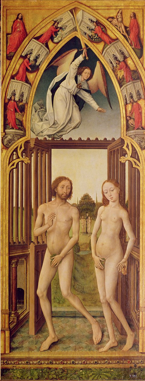 मोचन Triptych; दाहिने हाथ (दर्शक) पैनल आदम और हव्वा को स्वर्ग से निष्कासित करते हुए दिखा, c.1460, c.1460 (488870 और 488609 देखें) द्वारा Vrancke van der Stockt