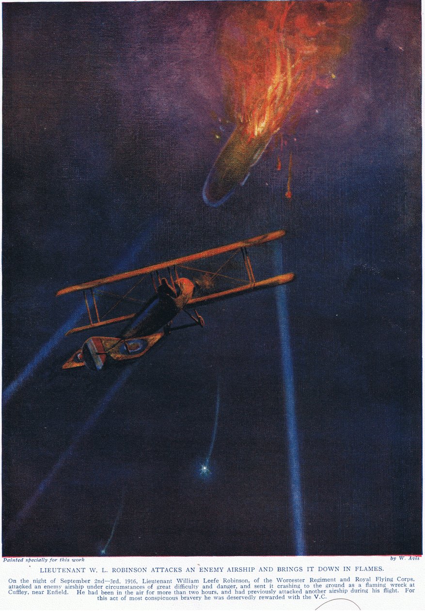 लेफ्टिनेंट डब्ल्यूएल रॉबिन्सन एक दुश्मन के हवाई पोत पर हमला करता है और इसे नीचे लाता है, हचिन्सन पूर्व कं, c.1920 द्वारा प्रकाशित &39;डीड्स द थ्रिल द एम्पायर&39;, का चित्रण। द्वारा डब्ल्यू। एविस