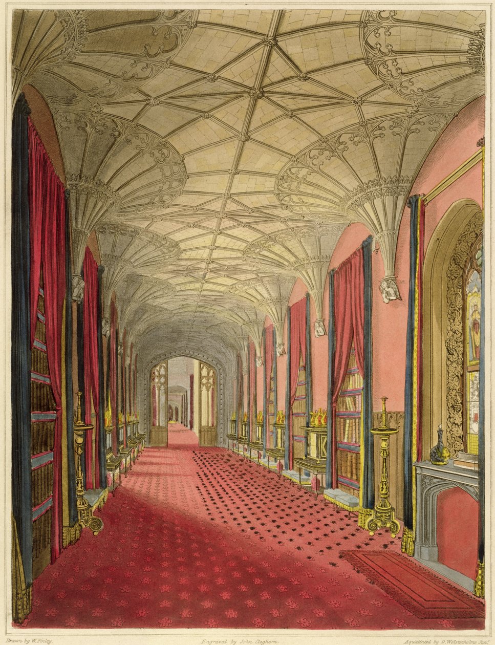 सेंट माइकल गैलरी का इंटीरियर, जॉन ब्रिटन द्वारा &39;ग्राफिक और लिटरेरी इलस्ट्रेशन ऑफ फोंथिल एबे&39; से, डी। वल्स्टनहोल जूनियर द्वारा एक्वाटिंट, जॉन क्लेगॉर्न द्वारा उत्कीर्ण, 1823 द्वारा डब्ल्यू। फिनाले