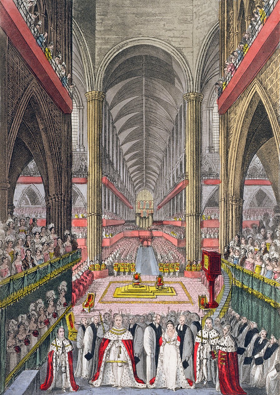 1830, 1831 (एक्वाटिंट) में वेस्टमिंस्टर एब्बे में विलियम चतुर्थ (1765-1837) और एडिलेड (1792-1849) का राज्याभिषेक द्वारा डब्ल्यू। पढ़ें