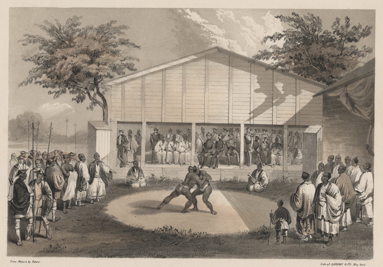 योकाहामा में पहलवान, सारनी एंड कंपनी द्वारा लिथो, 1855 (क्रोमोलिथो) द्वारा WT पीटर्स