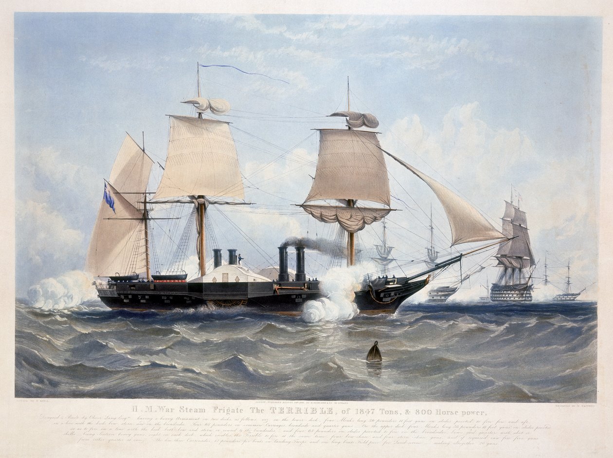 HMS टेरिबल, हेनरी पप्रिल (fl.1846-48) द्वारा उत्कीर्ण 1845 (एक्वाटिंट) द्वारा नेल के बाद डब्ल्यू