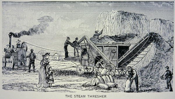 स्टीम थ्रेशर, 'मार्वल्स ऑफ द न्यू वेस्ट' 1888 से (उत्कीर्णन) द्वारा डब्ल्यूएच थायर