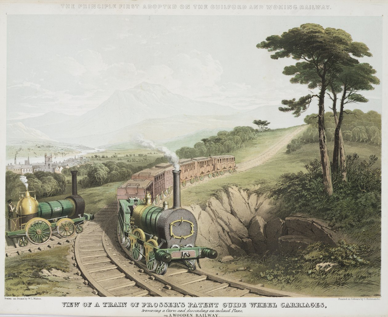 प्रॉसर्स पेटेंट गाइड व्हील कैरिज की एक ट्रेन का दृश्य, c.1845 द्वारा डब्ल्यूएल वाल्टन