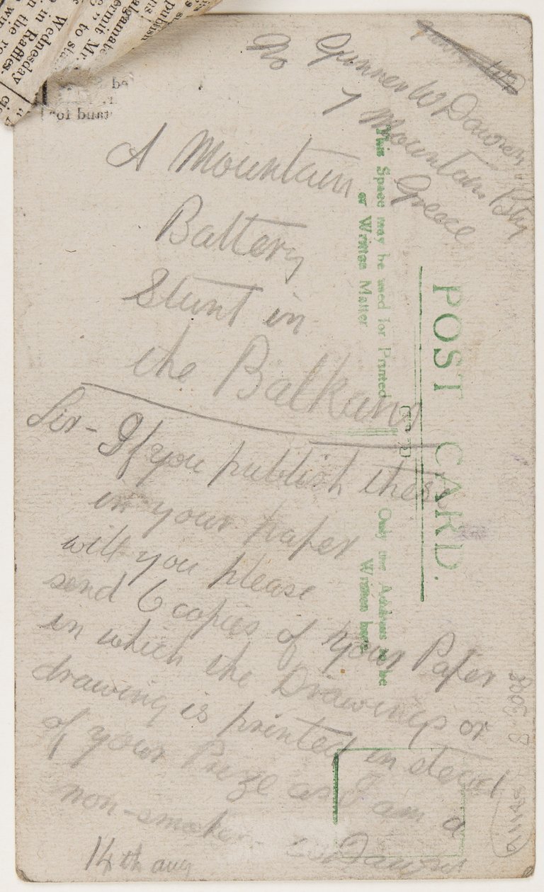 लिवरपूल वीकली कूरियर के संपादक के लिए पोस्टकार्ड, 14 अगस्त 1918 (पोस्टकार्ड पर पेंसिल) द्वारा डब्ल्यू। डावसन