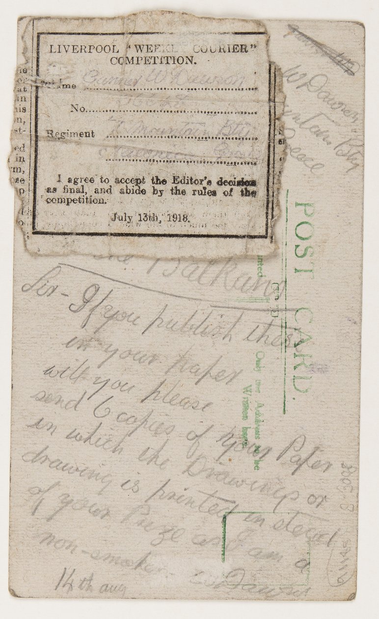 लिवरपूल वीकली कूरियर के संपादक के लिए पोस्टकार्ड, 14 अगस्त 1918 (पोस्टकार्ड पर पेंसिल) द्वारा डब्ल्यू। डावसन
