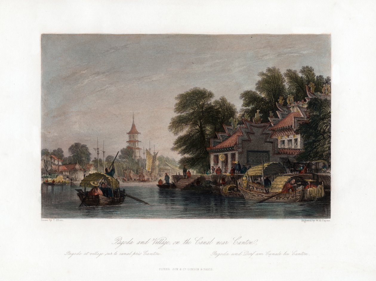 पैगोडा एंड विलेज, कैंटन के पास नहर पर, चीन, c1840। द्वारा WH कपोन