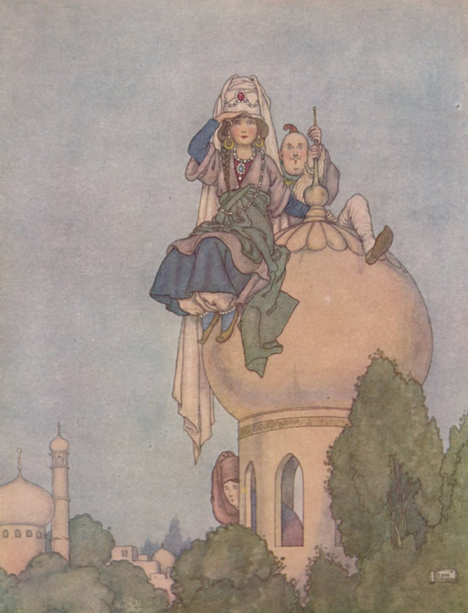 शी सत द लिव्लोंग डे ऑन द रूफ ऑफ हर पैलेस, एक्सपेक्टिंग हिम, सी १ ९ ३० द्वारा विलियम हीथ रॉबिन्सन