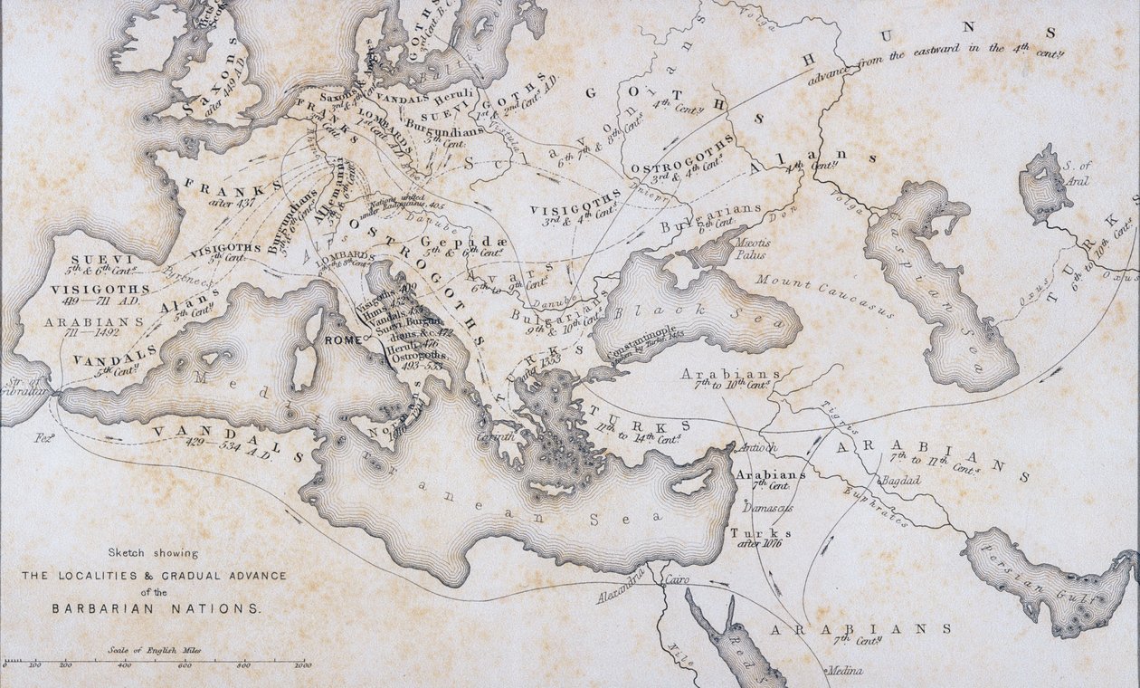 बारबेरियन देशों के इलाके और क्रमिक अग्रिम, c.1850 द्वारा डब्ल्यू ह्यूजेस