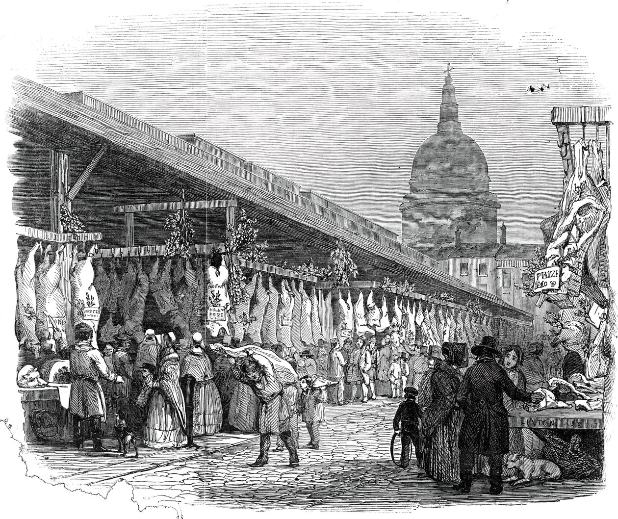 न्यूगेट मार्केट, क्रिसमस की पूर्व संध्या पर, 1845। द्वारा डब्ल्यूजे लिंटन