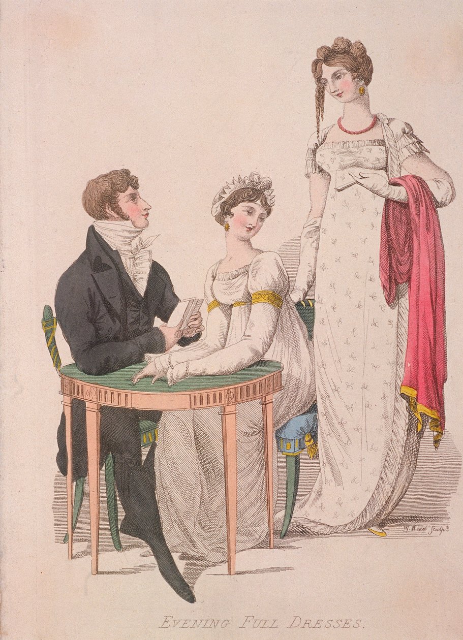 पूरी शाम की पोशाक पहने दो महिलाएं और एक पुरुष, c1810 द्वारा डब्ल्यू पढ़ें