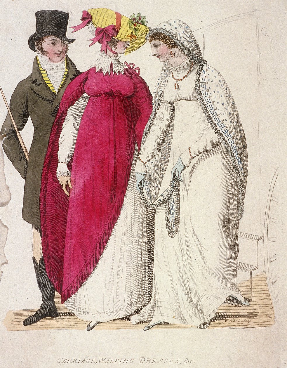 एक पुरुष के साथ चलने वाले कपड़े पहने दो महिलाएं, c1810 द्वारा डब्ल्यू पढ़ें