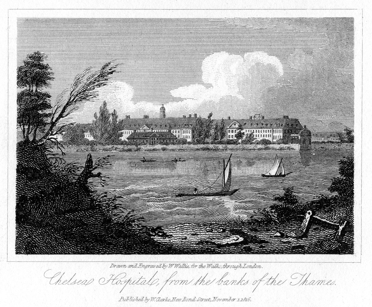 चेल्सी अस्पताल, लंदन के बैंकों से, 1816। द्वारा डब्ल्यू। वालिस