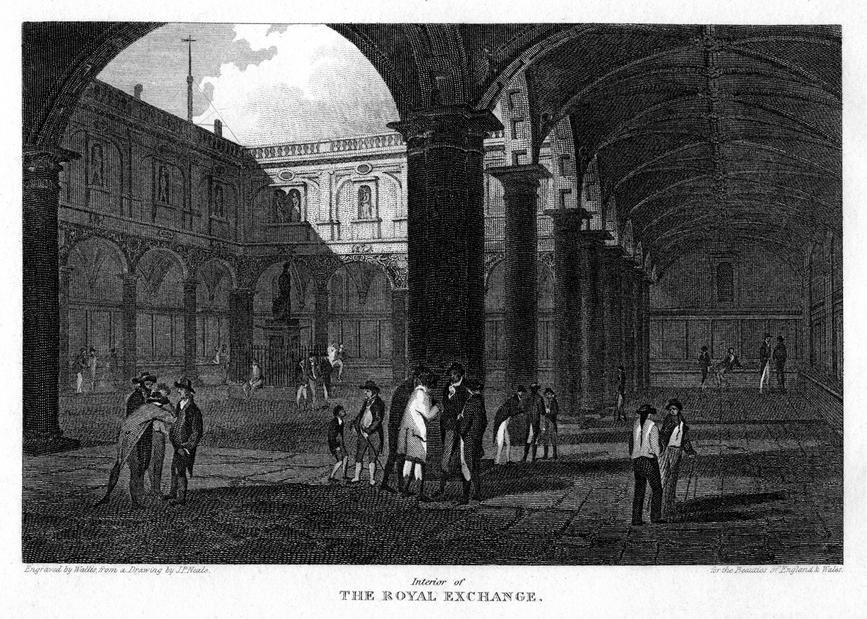 द रॉयल एक्सचेंज, सिटी ऑफ़ लंदन, 1816। द्वारा डब्ल्यू। वालिस