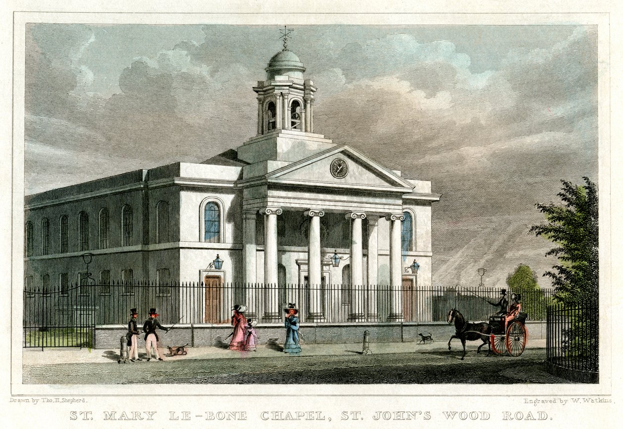सेंट मैरी ले बोन चैपल, सेंट जॉन्स वुड रोड, लंदन, 1828। द्वारा डब्ल्यू वाटकिंस