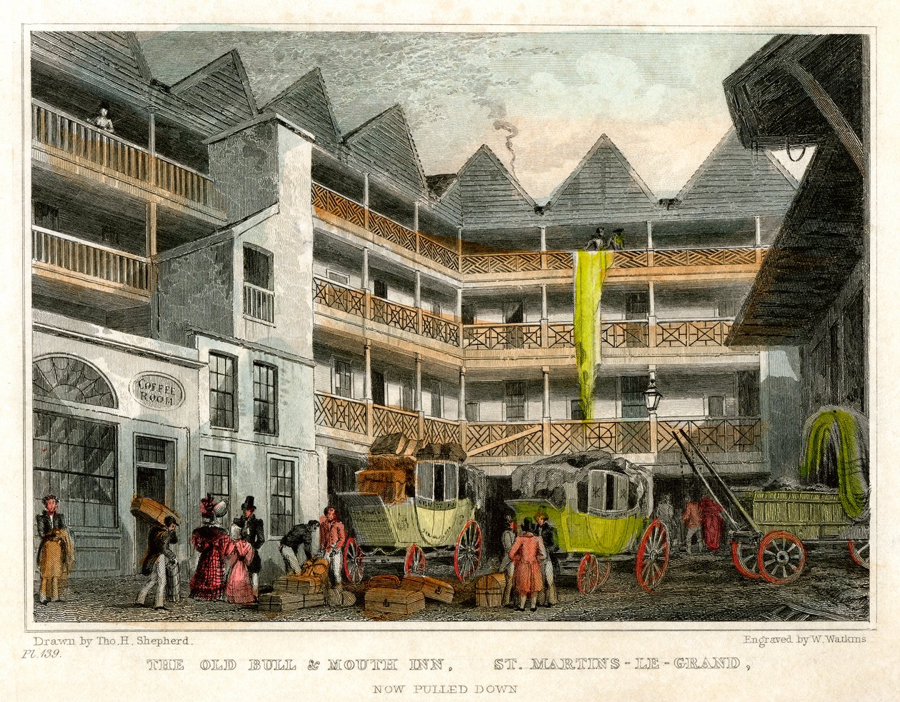 द ओल्ड बुल एंड माउथ इन, सेंट मार्टिन ले ग्रैंड, लंदन शहर, 1831। द्वारा डब्ल्यू वाटकिंस