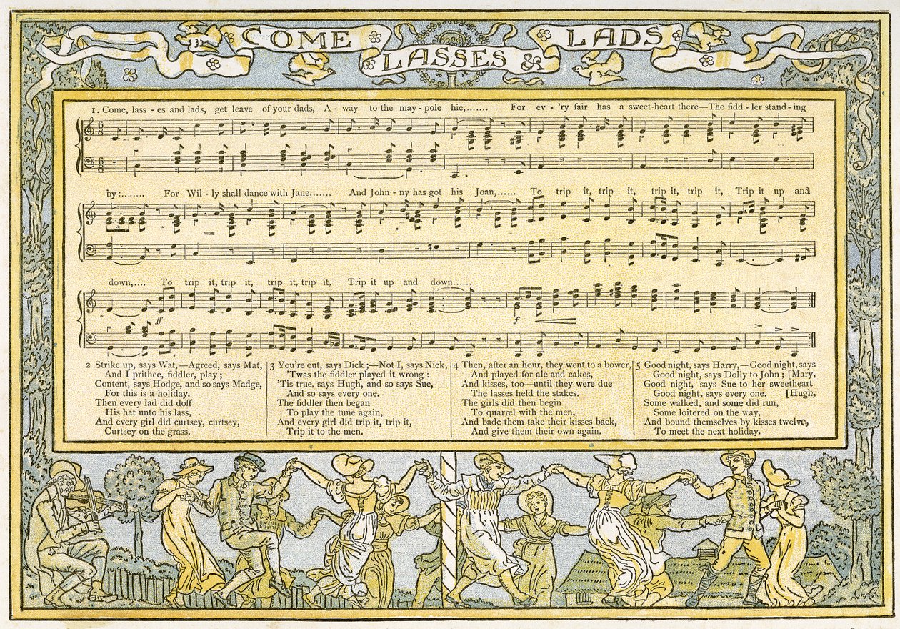 &39;आओ लेज़स अंड लैड्स, गेट्स टू योर डैड्स, दूर टू द मे-पोल ही&39;, गीत चित्रण &39;पान-पाइप्स&39;, ए बुक ऑफ ओल्ड सॉन्ग्स, न्युअली अर्रेंजर्ड एंड विद एक्सोमापेनमेंट्स द थियो। Marzials, में प्रकाशित द्वारा वाल्टर क्रेन