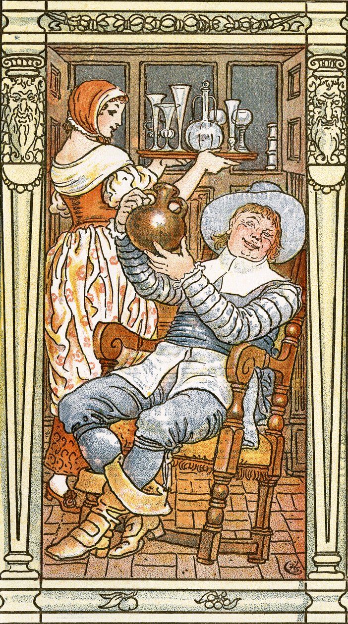 जॉली मैन &39;लेदर बॉटल&39; से, &39;पैन-पाइप्स&39; से गीत चित्रण, ए बुक ऑफ ओल्ड सॉन्ग्स, न्युअली अर्रेंजर्ड और थियो द्वारा एक्सोम्पेशन्स के साथ एक चमड़े की बोतल पकड़े हुए। Marzials, लोन में प्रकाशित द्वारा वाल्टर क्रेन