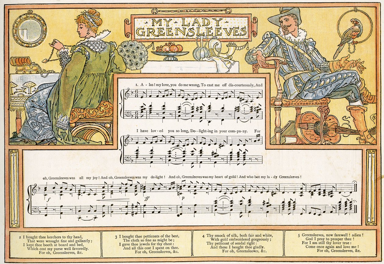 माई लेडी ग्रीनस्लीव्स ’, &39;पैन-पाइप्स’, ए बुक ऑफ ओल्ड सॉन्ग्स, न्युअली अर्रेंजर्ड एंड द एक्सोमपैनमेंट्स विद थेओ का गीत चित्रण। जार्ज राउतलेज अन सन्स, 1884 (रंग) द्वारा लंदन में प्रकाशित मार्ज़ल द्वारा वाल्टर क्रेन