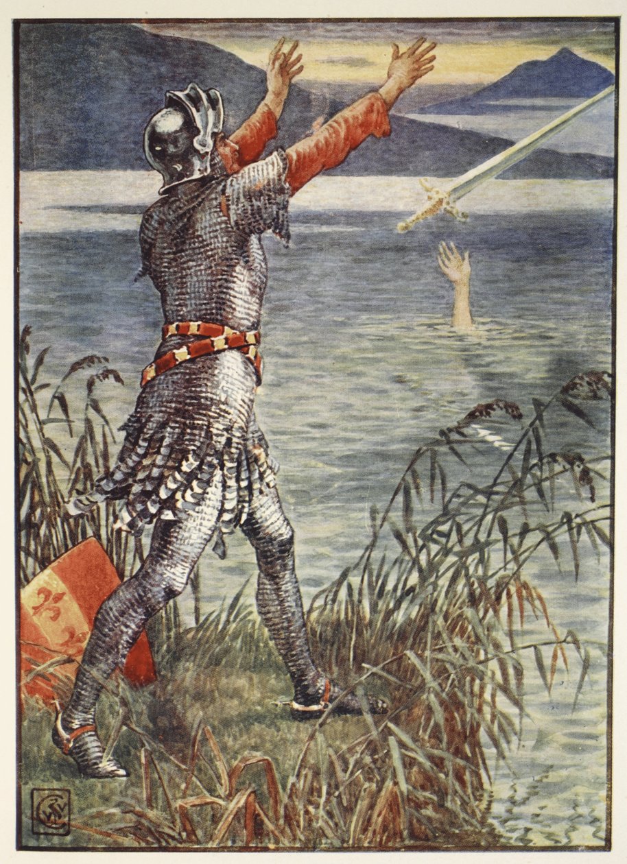 हेनरी गिल्बर्ट के पहले संस्करण, 1911 में सर बेदिवेरी ने एक्सेलिबुर की तलवार को &39;स्टोरीज़ ऑफ़ द राउंड टेबल की कहानियां&39; झील में डाला द्वारा वाल्टर क्रेन