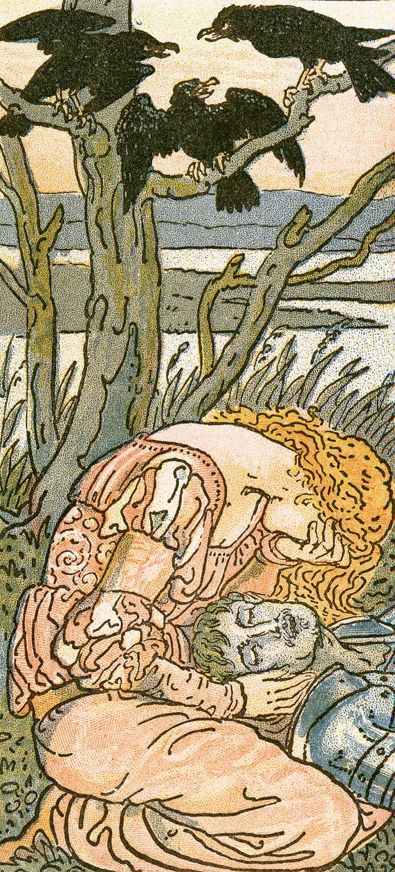 सोर्रोफुल मेडेन, &39;द थ्री रैवेन्स&39; से, &39;पैन-पाइप्स&39; से गीत चित्रण, ए बुक ऑफ ओल्ड सॉन्ग्स, नवनियुक्त रूप से व्यवस्थित और थियो के साथ एक साथ। जार्ज राउतलेज अन द्वारा लंदन में प्रकाशित मार्जिल्स द्वारा वाल्टर क्रेन