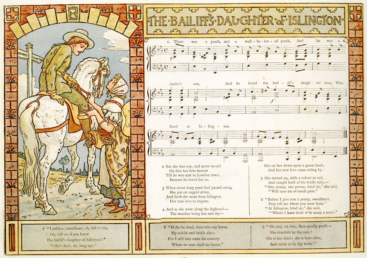 &39;द बेलीफ की बेटी इस्लिंगटन से&39;, &39;पान-पाइप्स&39; का गीत चित्रण, ए बुक ऑफ ओल्ड सॉन्ग्स, नवनियुक्त रूप से व्यवस्थित और थियो के द्वारा एक साथ। जार्ज राउटलेज अन्ड सो द्वारा लंदन में प्रकाशित मार्ज़ल द्वारा वाल्टर क्रेन