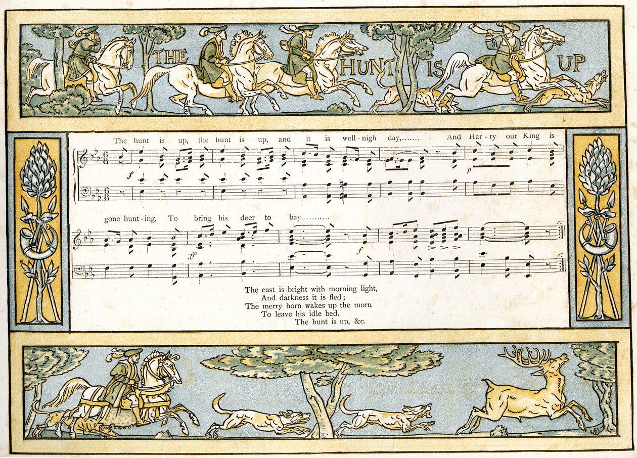 &39;द हंट अप है और यह अच्छी तरह से दिन है और हैरी हमारा राजा शिकार हो गया है ’,-पान-पाइप्स’, ए बुक ऑफ ओल्ड सॉन्ग्स, न्युअली अर्रेंजर्ड और थियो के द्वारा एक्सोम्पेशन्स के साथ गीत चित्रण। मरज़ियल्स, पबलीशे द्वारा वाल्टर क्रेन