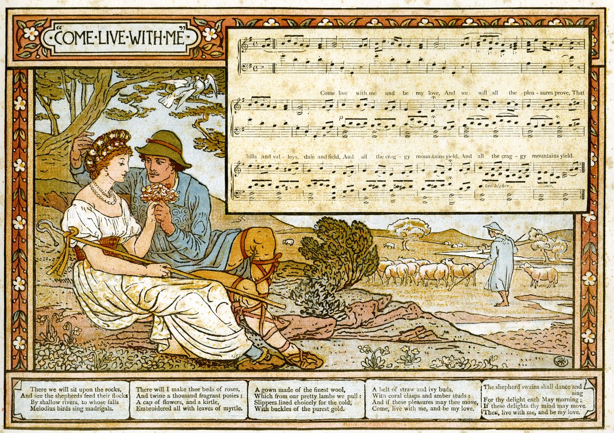 &39;द पैशनेट शेफर्ड टू द लव ’, P पान-पाइप्स’, ए बुक ऑफ ओल्ड सॉन्ग्स, नवनियुक्त रूप से व्यवस्थित और थियो द्वारा प्रस्तुत किए गए गीतों का चित्रण। जार्ज राउतलेज अन सन्स द्वारा लंदन में प्रकाशित मार्जियल्स द्वारा वाल्टर क्रेन