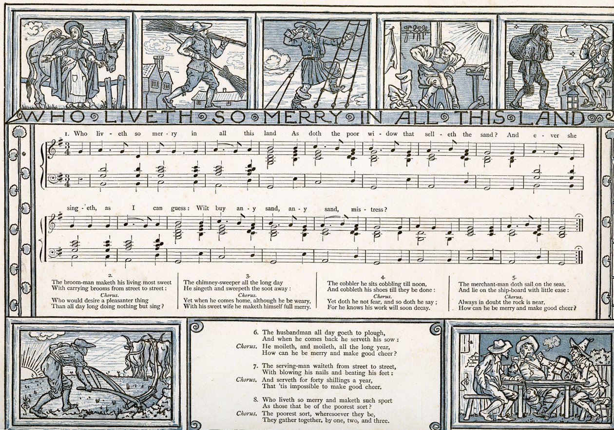 &39;हू लिन्थ सो मीरी इन ऑल लैंड&39;, &39;पैन-पाइप्स&39;, ए बुक ऑफ ओल्ड सॉन्ग्स, न्युअली अर्रेंजर्ड और थियो द्वारा एक्सपेम्पेशन्स के साथ गीत चित्रण। जार्ज राउटलेज अन्ड सो द्वारा लंदन में प्रकाशित मार्ज़ल द्वारा वाल्टर क्रेन