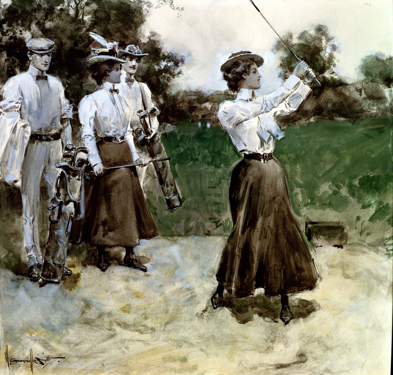 गोल्फिंग फोरसम, c.1900 (बोर्ड पर gouache और wc) द्वारा वाल्टर ग्रानविले स्मिथ